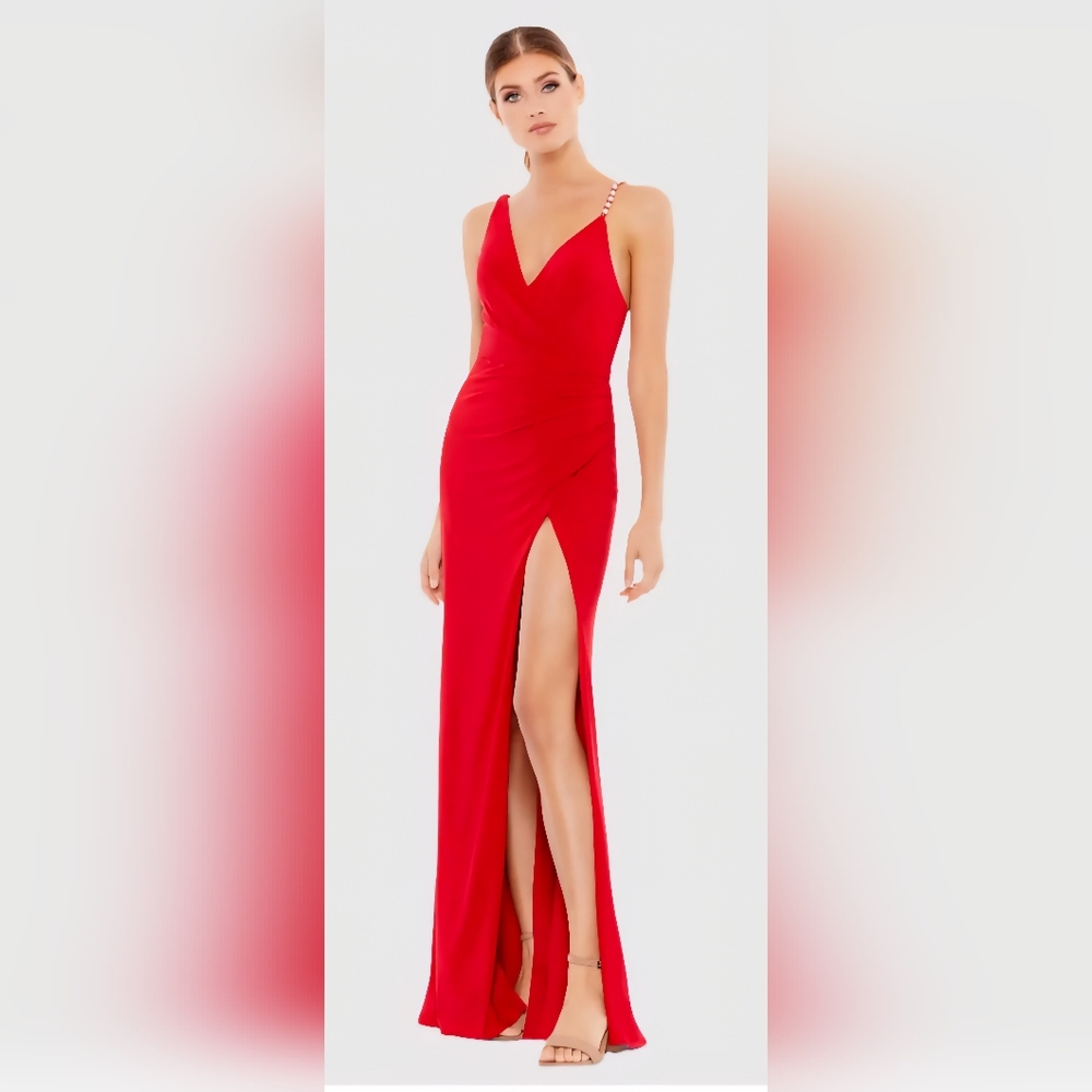 Mac Duggal 265321 Red Asymmetrical Pearl Strap Gown With Ruching, Size 10